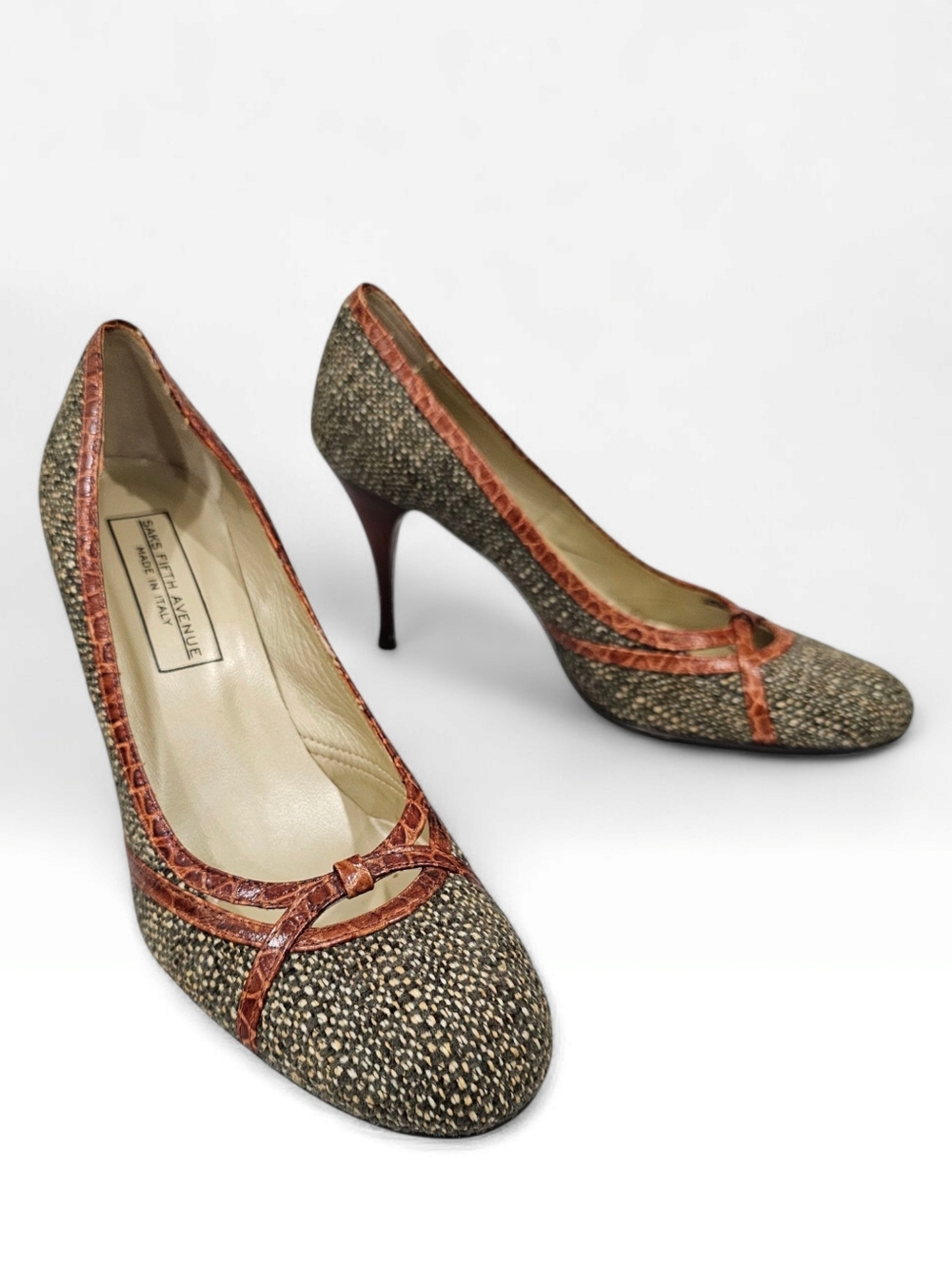 Saks Fifth Avenue Tweed Pointed-Toe Pumps with Brown Trim